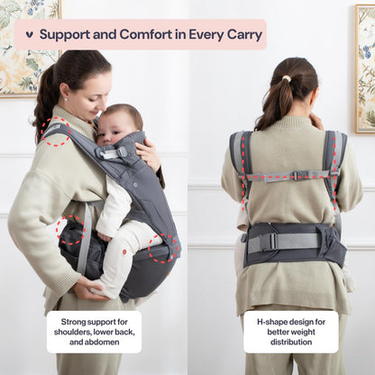 BabbleRoo Grow Carrier – 6-in-1 Baby Carrier with Hip Seat, Ergonomic, Cozy & Adjustable Toddler Carrier 7-50 lbs with Hip & Lumbar Support, Hood for Sun Protection, Newborn to Toddler, Gray