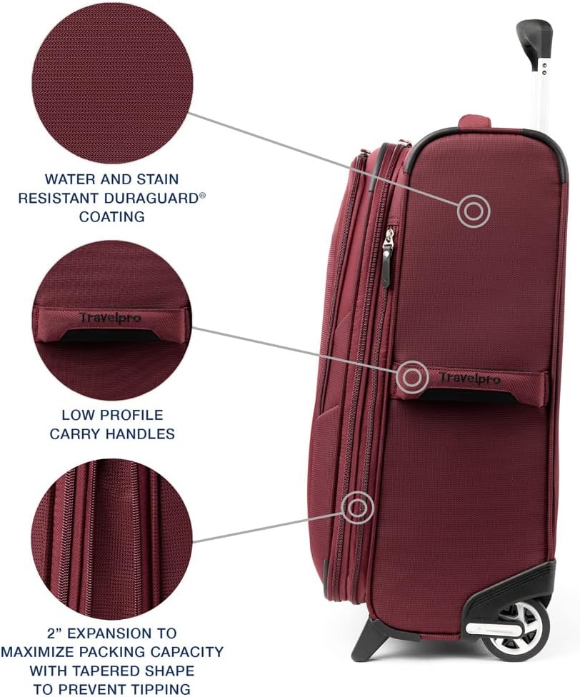 Travelpro Maxlite 5 Softside Expandable Upright 2 Wheel Carry on Luggage, Lightweight Suitcase, Men and Women, Burgundy, Carry On 22-Inch