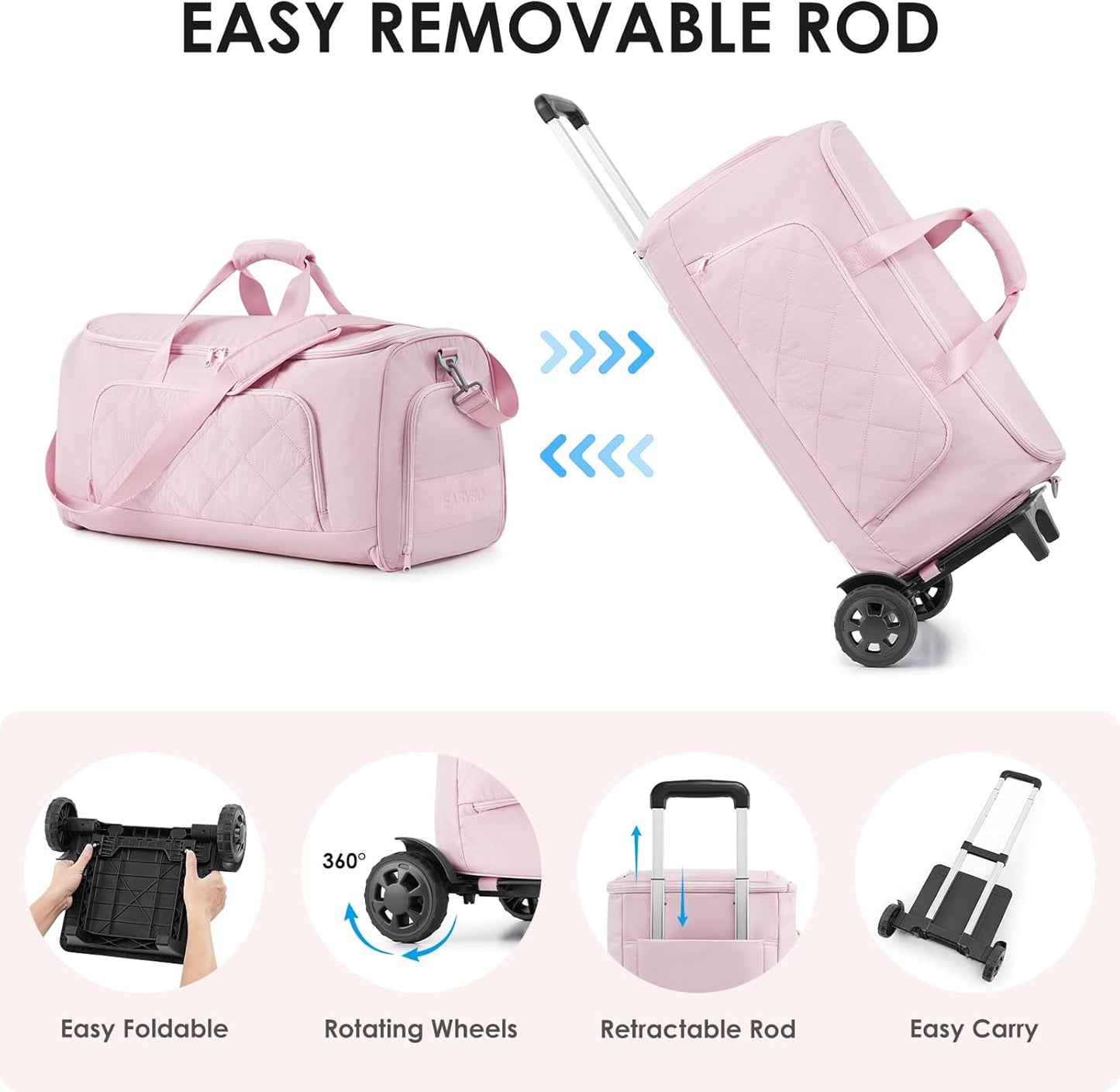Rolling Garment Bag for Travel,Duffle Garment Bag with Wheels and Shoe Compartment for Men and Women,3 in 1 Suit Dress Bags with Wheels (Pink)
