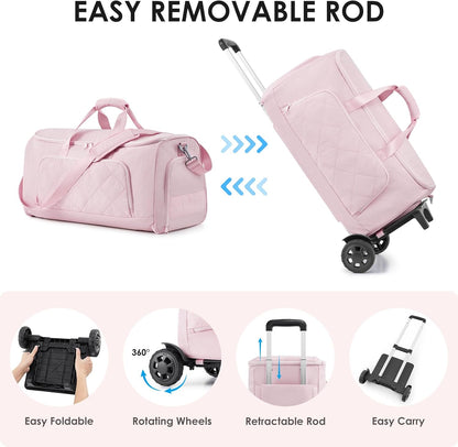 Rolling Garment Bag for Travel,Duffle Garment Bag with Wheels and Shoe Compartment for Men and Women,3 in 1 Suit Dress Bags with Wheels (Pink)