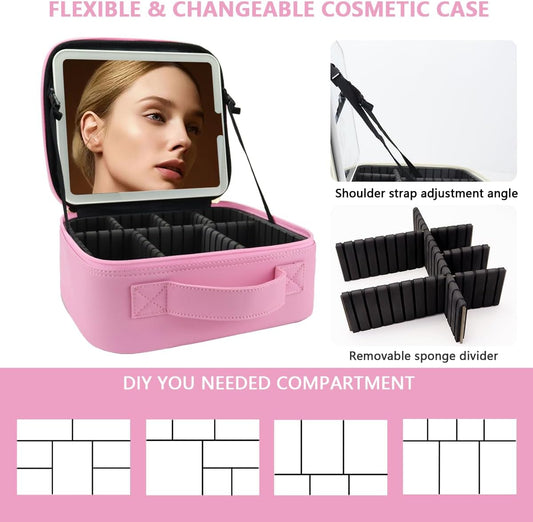 Travel Makeup Bag for Women and Makeup Artists Cosmetic Organizer Large Makeup Case,Travel Makeup Bag with Mirror 3 Color Setting,Portable Storage and Adjustable Dividers(Dark Pink)