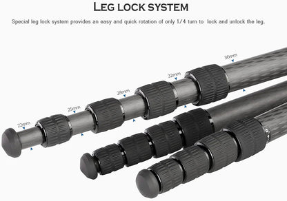 Leofoto 60" Lightweight Carbon Fiber Travel Tripod, Professional Compact Tripod for Camera DSLR Video, Max Load 44Lbs/20KG (LS-365CX)