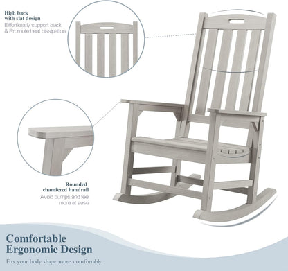 Psilvam Oversized Outdoor Rocking Chair Set of 2, Porch Rocker with 21" Wide Seat and 32" Tall Backrest, Pre-Assembled with Most Components for Effortless Installation (Grey)