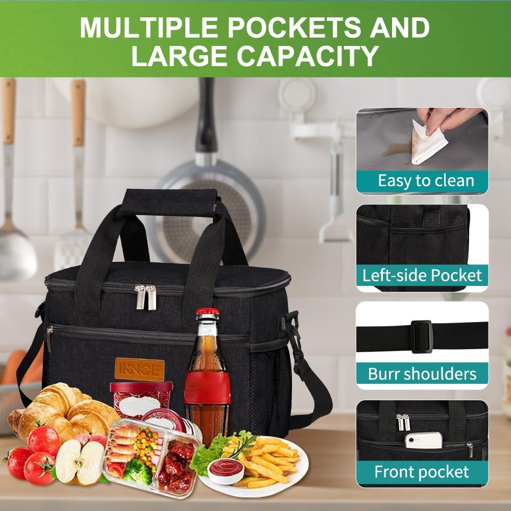 iknoe Insulated Lunch Bag, Foldable 8.5L Cooler Bag for Men & Women, Leakproof Thermal Design, Great for Office, Picnic, Travel, Lunch Box, Black