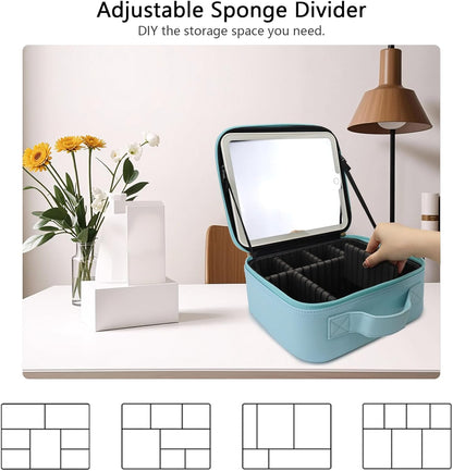 Travel Makeup Bag with LED Mirror Travel Makeup Organizer with 3 Lighted Settings, Adjustable Dividers and Makeup Brush Storage Bag Light Blue