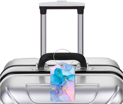 2 Pack Luggage Tag for Suitcase, Cute Unique Leather Bag Tags Identifiers Privacy Cover ID Label with Durable Steel Loop for Women Men Kids Girls Travel，Marble Blue