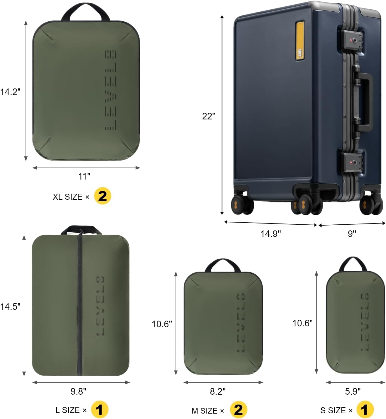 LEVEL8 Carry On Luggage Airline Approved Zipperless with Aluminum Frame, Hard Case Luggage with Spinner Wheels, Metal Travel Suitcase with Packing Organizers, 20 Inch, Blue