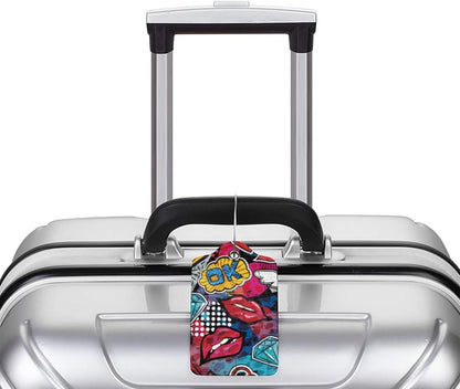 2 Pack Funny Luggage Tags with Red Lips Pattern for Suitcases, Colorful PU Leather Luggage Tag Accessories Privacy Cover ID Label with Stainless Steel Loop for Travel Bag for Women Girls Teens