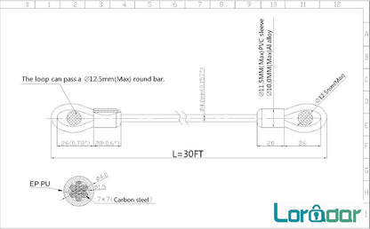 4mm Thick（5/32"） 7FT,15FT,30FT Braided Steel Coated Thin Security Cable Anti-Lost Steel Cable Luggage Lock Safety Cable Wire Double Loop (30FT)
