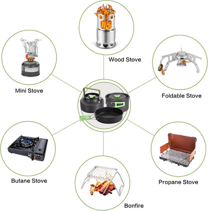 PELLOR Camping Cookware Set, 17pcs Portable Camping Mess Kit with Non-Stick Aluminum Pots, Pans Set and Folding Fork, Lightweight Backpacking Camping Gear for Outdoor/Camping/Picnic/Hiking