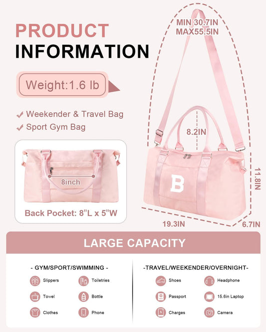 Initial Travel Duffel Bag Sports Gym Bag for Girls Teen Birthday Gifts,Pink Personalized Weekender Bag Carry On Tote Bags for Women Men,Waterproof Overnight Luggage Bag with Trolley Sleeve(Letter B)