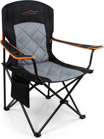 FAIR WIND Oversized Fully Padded Camping Chair, Heavy Duty Quad Fold Chair Arm Chair Support 350 LBS with Cup Holder, Collapsible Lumbar Back Chair Portable for Outdoor, Black