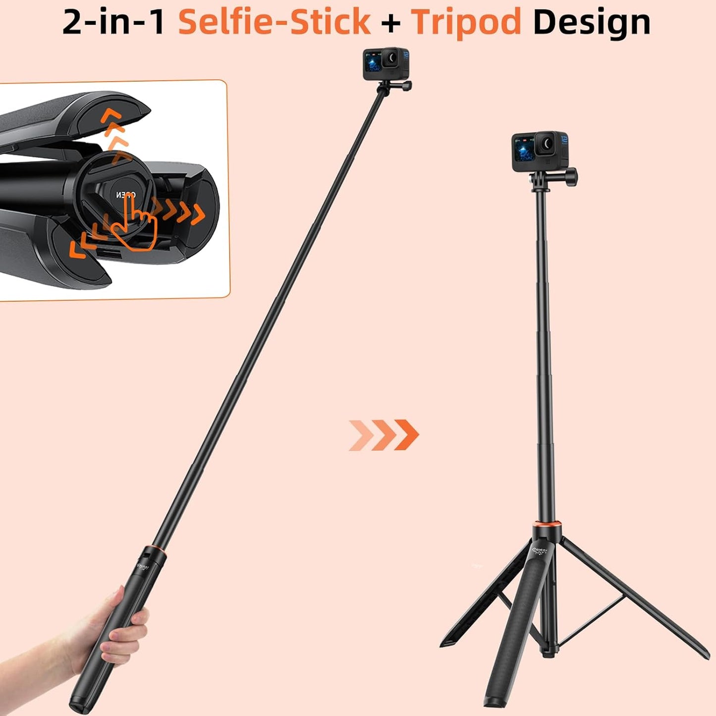 53.5" Portable Travel Selfie Stick Tripod for DJI Osmo Pocket 3, GoPro - Extendable Vlog Handle Stand for Go Pro Max, Hero 13/12/11/10/9, DJI Action 5 Pro/4, Insta360 X5 - Action Camera Accessories