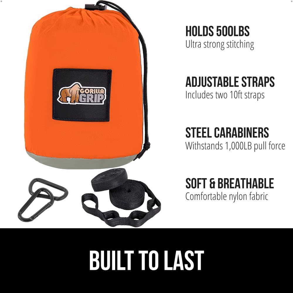 GORILLA GRIP Durable Portable Camping Hammock, Holds 500lbs with Heavy Duty Tree Straps, Comfortable Travel Swing, Camp Hammocks, Easy to Use and Install, Outdoor Essentials, Orange, 10x6.5 FT