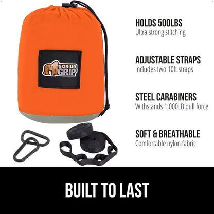 GORILLA GRIP Durable Portable Camping Hammock, Holds 500lbs with Heavy Duty Tree Straps, Comfortable Travel Swing, Camp Hammocks, Easy to Use and Install, Outdoor Essentials, Orange, 10x6.5 FT