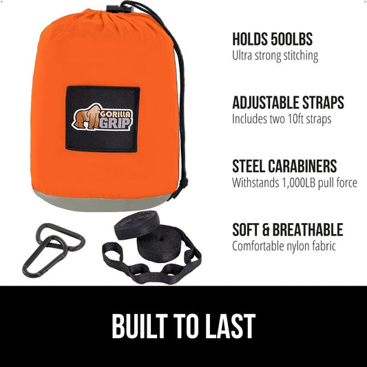 GORILLA GRIP Durable Portable Camping Hammock, Holds 500lbs with Heavy Duty Tree Straps, Comfortable Travel Swing, Camp Hammocks, Easy to Use and Install, Outdoor Essentials, Orange, 10x6.5 FT