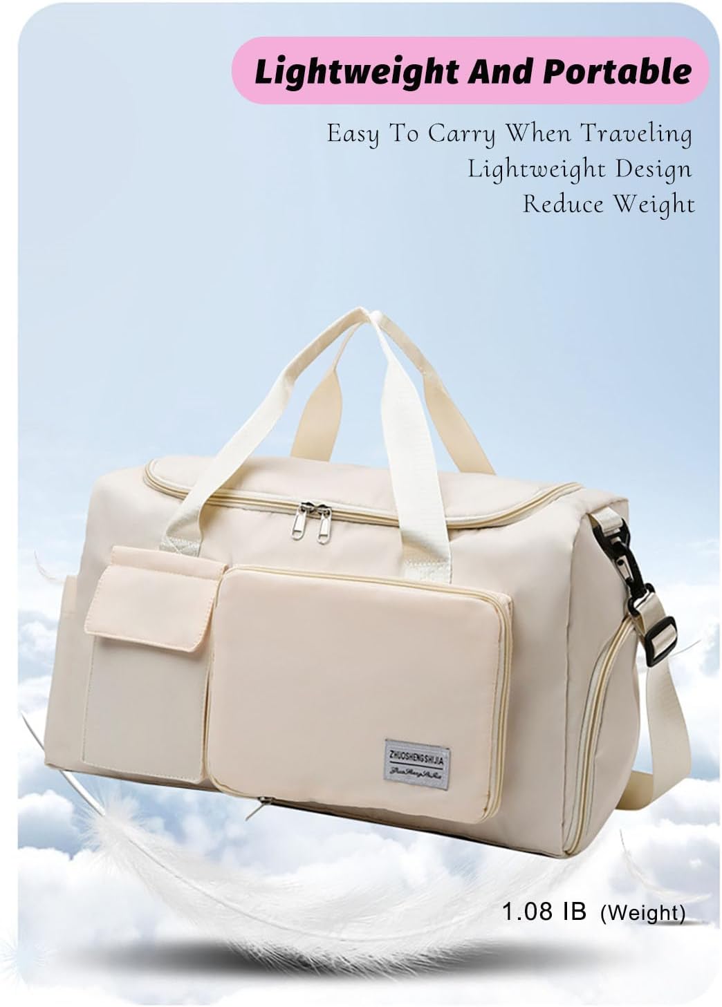 Multipurpose 20L Foldable Duffel Bag Gym Yoga Bag Carry-On Shopping Sack Travel Organizer Cabin Bag Sundry Package Wet&Dry Compartment (Beige)