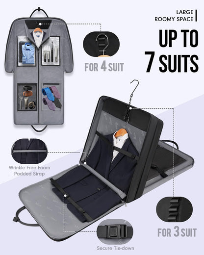 MATEIN Mens Garment Bags for travel, Large Travel Suit Bag Up to 7 Suits with Strap, Wrinkle Free Carry On Garment Bags for Hanging Clothes, Business Suitcase Luggage Bag Fit 17.3 Inch Laptop, Black