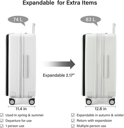 Hanke Hardside Expandable Checked Luggage, 24 Inch Top Opening Trunk Luggages with Spinner Wheels, All-PC Hard Shell Suitcase, Lightweight TSA Checked-Medium(Smoke White, 83L)