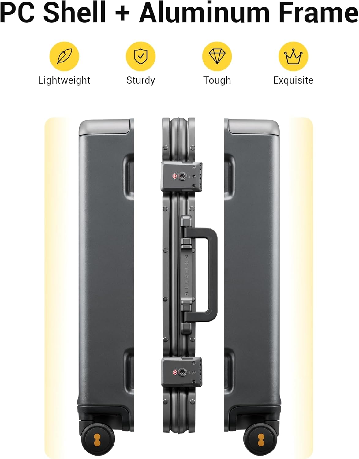 LEVEL8 Zipperless Carry On Luggage Airline Approved with Aluminum Frame, Hard Shell Suitcase with Spinner Wheels, Metal Checked Luggage with Double Tsa Locks, 20 Inch, Grey