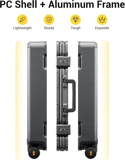 LEVEL8 Zipperless Carry On Luggage Airline Approved with Aluminum Frame, Hard Shell Suitcase with Spinner Wheels, Metal Checked Luggage with Double Tsa Locks, 20 Inch, Grey