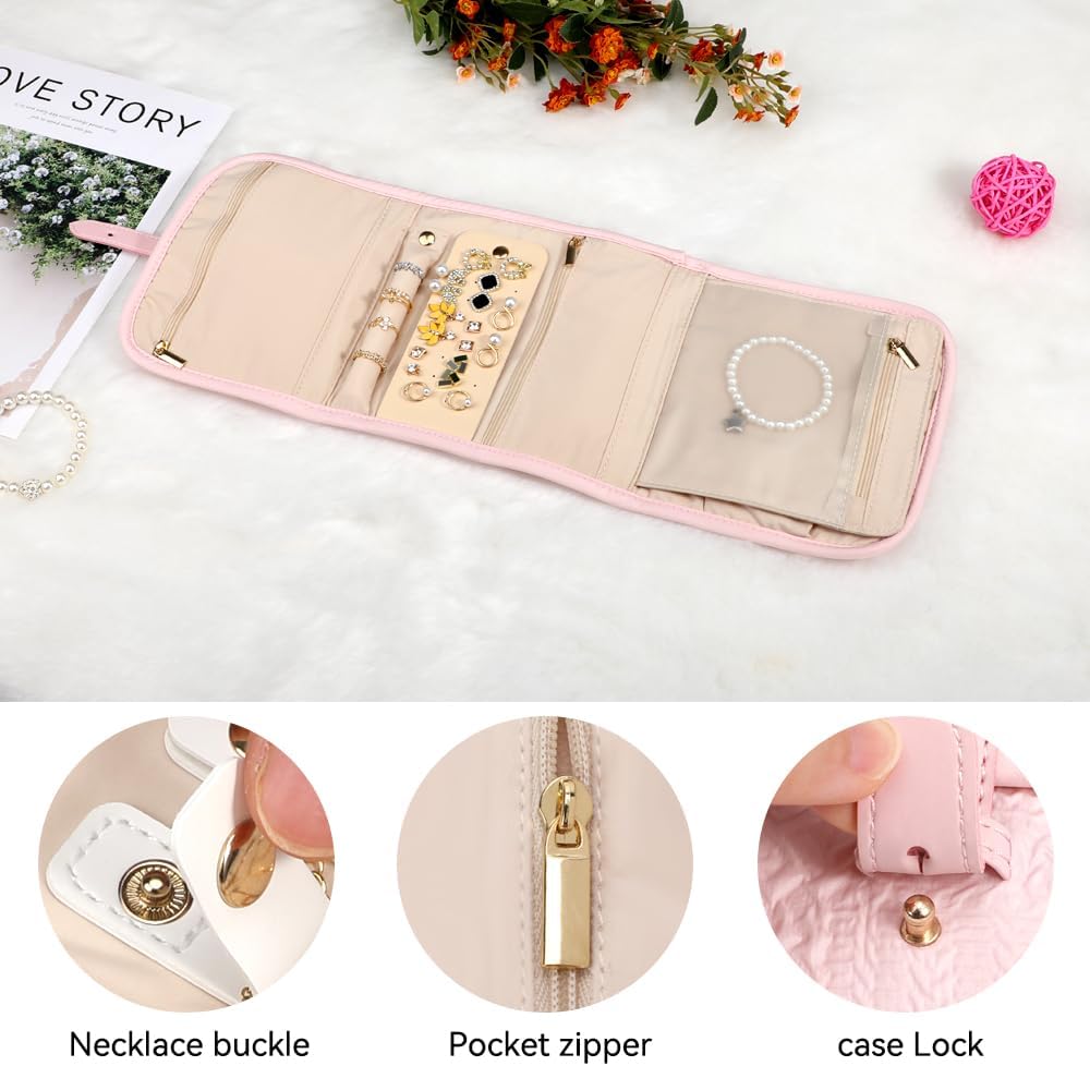 Voova Travel Jewelry Holder Organizer Case, Small Jewelry Storage Bag for Women Girls, Foldable Traveling Jewellery Pouch Roll for Necklaces Rings Earrings Bracelets, Mini, Light Pink