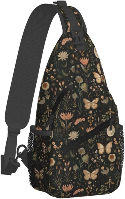 SUPLUCHOM Sling Bag Vintage Butterfly Moon Flower Hiking Daypack Crossbody Shoulder Backpack Travel Chest Pack for Men Women
