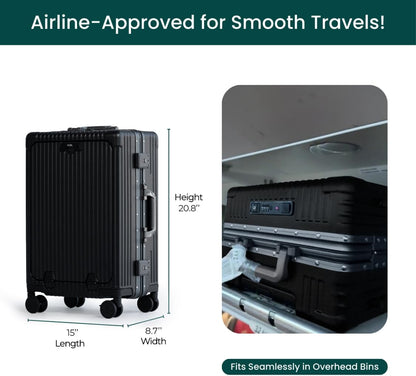 Nobl Travel Carry On Luggage, Noble Zipperless Aluminum Frame PC Hard Shell Suitcase, 20.8"x15"x8.7" Airline Approved, 360° Spinner Wheels, TSA Locks, USB Charging Port, Cup & Phone Holder - Black