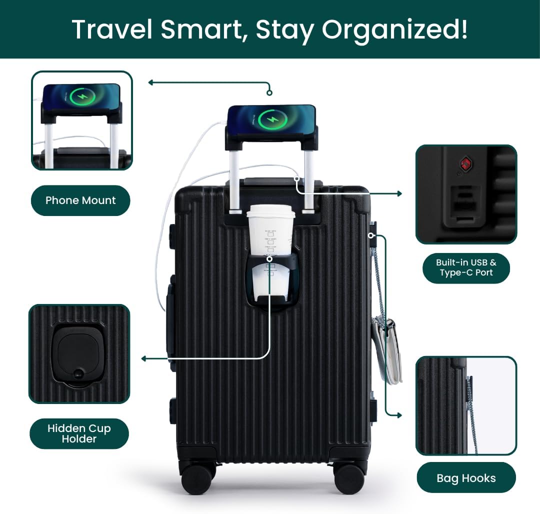 Nobl Travel Carry On Luggage, Noble Zipperless Aluminum Frame, 22.5x15x9.5, 360 Degree Spinner Wheels, TSA Locks, USB Charging Port, Cup & Phone Holder - Black