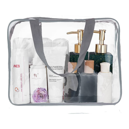 6Pcs Crystal Clear PVC Travel Toiletry Bag Kit for Women Men, Waterproof Vinyl Packing Organizer Storage Bags with Zipper Handle Straps, Cosmetic Pouch Carry on Airport Airline Compliant Bag Handbag