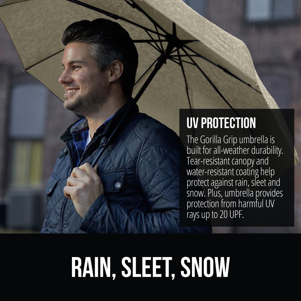 GORILLA GRIP Strong Stick Umbrella for Rain, Compact Travel One-Click Automatic Open Close, Lightweight, Portable, US Designed Reinforced Fiberglass Ribs, Wind Resistant, Easy Collapse, Beige