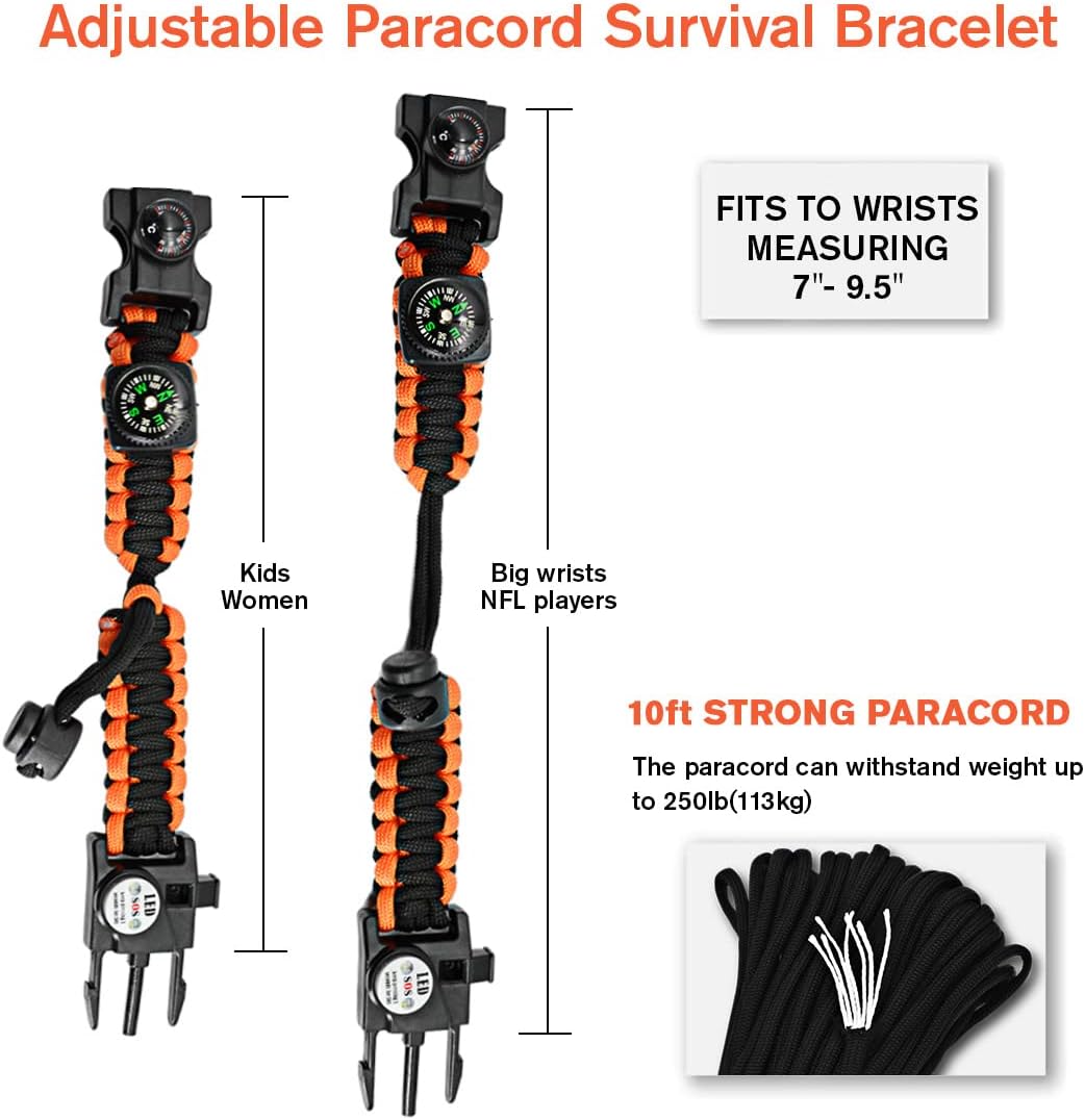 20 in 1 Survival Paracord Bracelet Adjustable Gear Kit with SOS LED Light, Fire Starter, Bigger Compass, Survival Whistle, Perfect for Camping, Hiking, Fishing