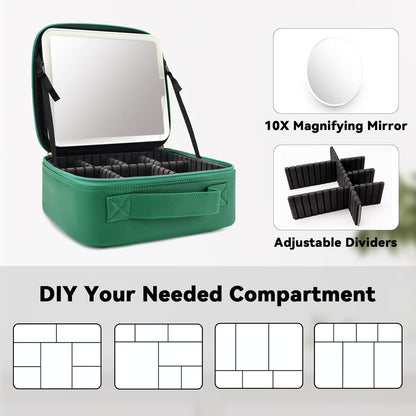 Travel Makeup Bag with LED Mirror and 10x magnifying glass with 3 Lighted Settings, Adjustable Dividers and Makeup Brush Storage Bag Dark Green