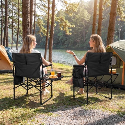 Romswi 2 Pack Folding Director Chair for Outdoor, Heavy Duty Camping Chair with Side Table, Cup Holder & Storage Pockets, Oversized Portable Chair Supports 400 lbs for Fishing, Picnic, Lawn, Black
