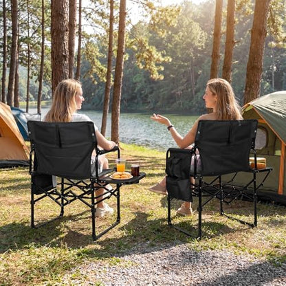 Romswi 2 Pack Folding Director Chair for Outdoor, Heavy Duty Camping Chair with Side Table, Cup Holder & Storage Pockets, Oversized Portable Chair Supports 400 lbs for Fishing, Picnic, Lawn, Black