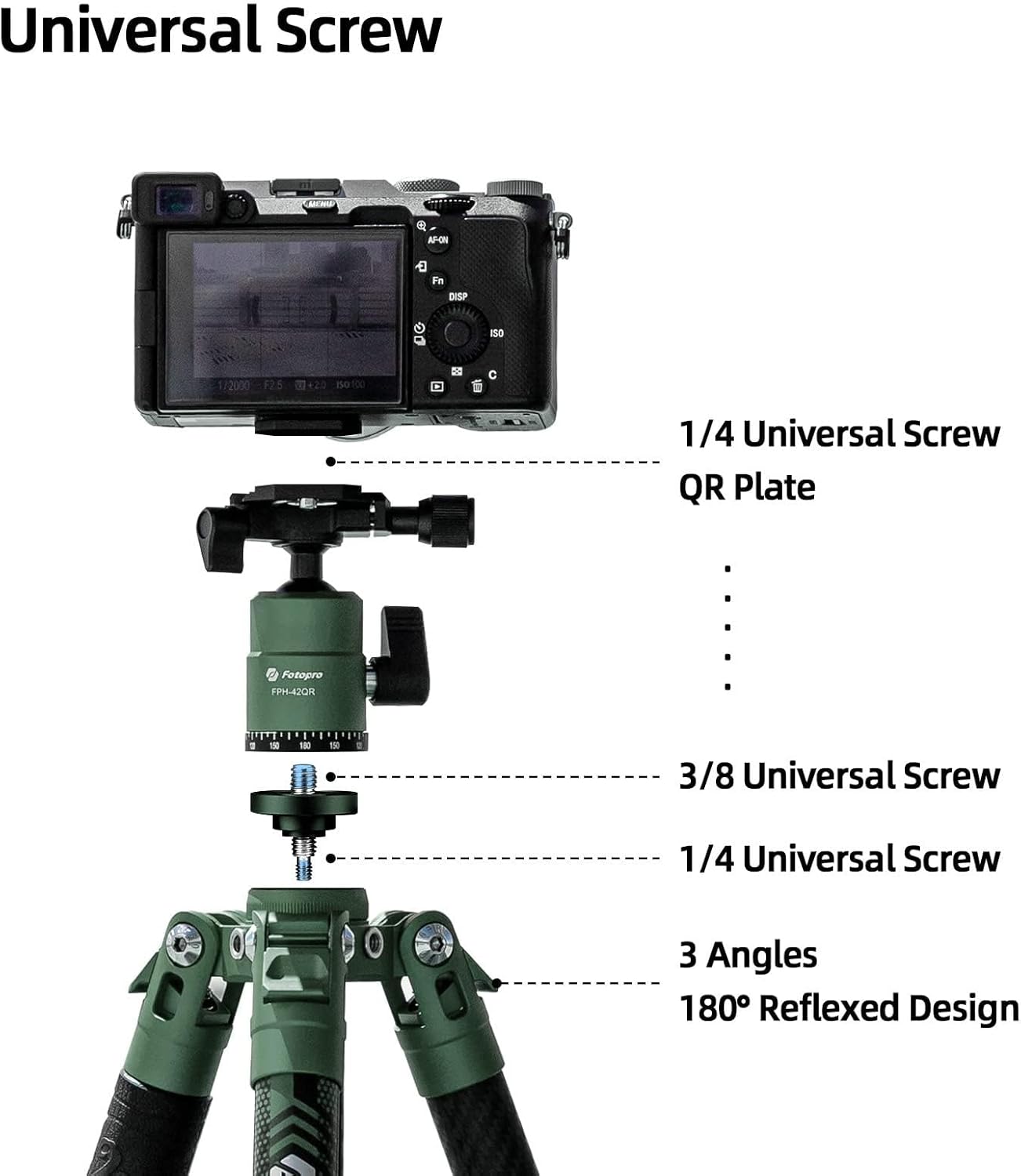 Fotopro Carbon Fiber Tripod 60 Inch 360 Degree Ball Head Quick Release Plate Lightweight Camera Tripod for Travel Tripod Folded Height Only 14.2",Max Loads up to 22lbs,Green