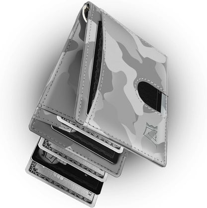 Kings Loot Money Clip Slim Minimalist Wallet for Men | RFID Blocking Leather Design with Money Clip | Front Pocket Bifold Holds 12 Cards | Stylish & Compact Wallets (Camo White)