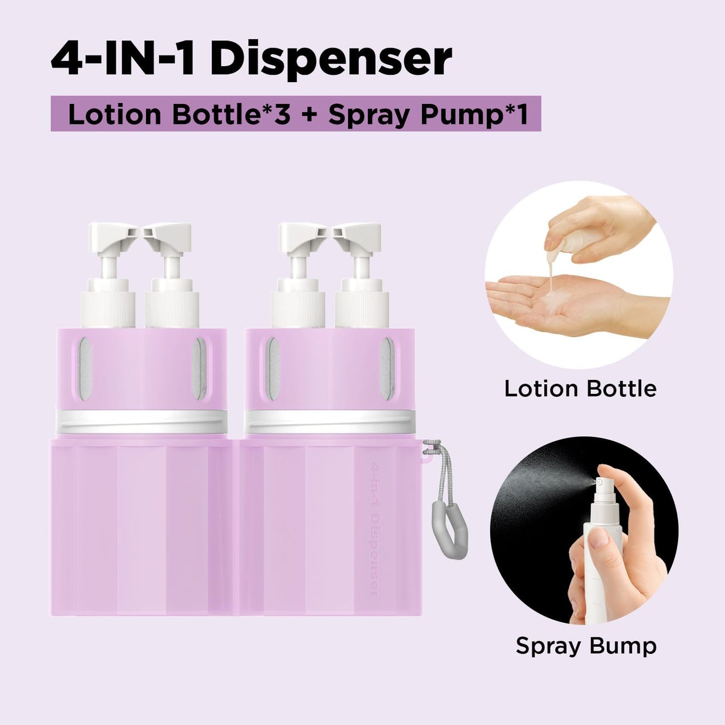 4 in 1 Travel Toiletry Containers,TSA Approved Refillable Travel Size Toiletries Bottles Set with Suction Cup for Smooth Walls - for Shampoo,Conditioner,Body Wash,Lotion.(Pink)