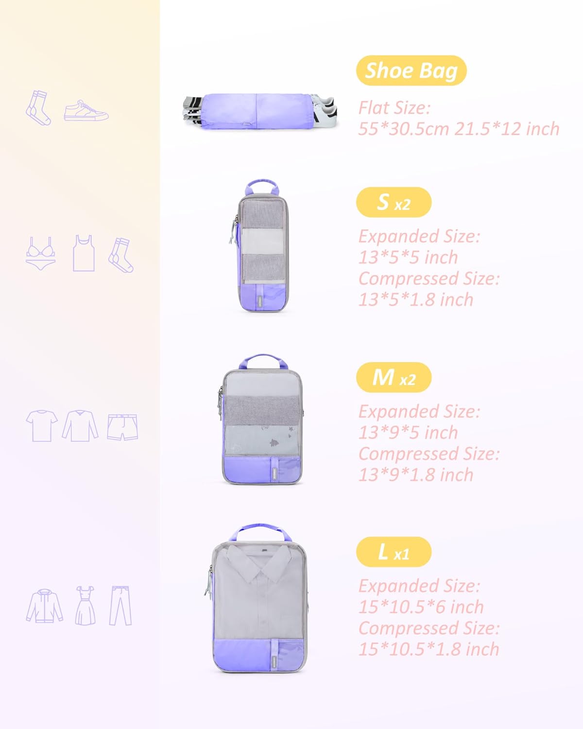 BAGSMART 6 Set Compression Packing Cubes - Lightweight Travel Essentials, Durable Luggage Organizer