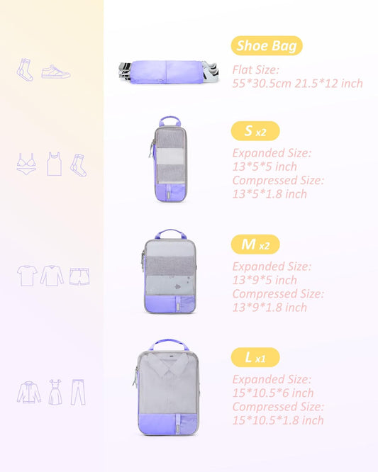 BAGSMART 6 Set Compression Packing Cubes - Lightweight Travel Essentials, Durable Luggage Organizer