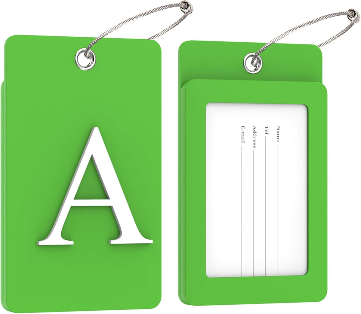 Gostwo 2 Pack Luggage Tags for Suitcases, 26 Initial Letter Travel Luggage Baggage Identification Labels ID Tag Fully Bendable Tags with Stainless Steel Loop (Green) (Letter A)