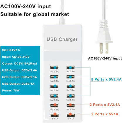 USB Charging Station with 12 Port Power Strip Fast Charging hub for Multiple Devices Compatible with Cell Phones Tablets Laptops (12 USB Ports)