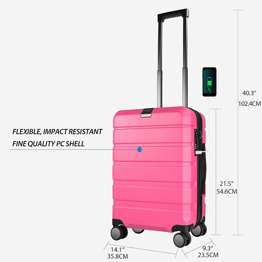 KROSER Hardside Expandable Carry On Luggage with Spinner Wheels & Built-in TSA Lock, Durable Suitcase Rolling Luggage with USB Port, Carry-On 20-Inch Magenta
