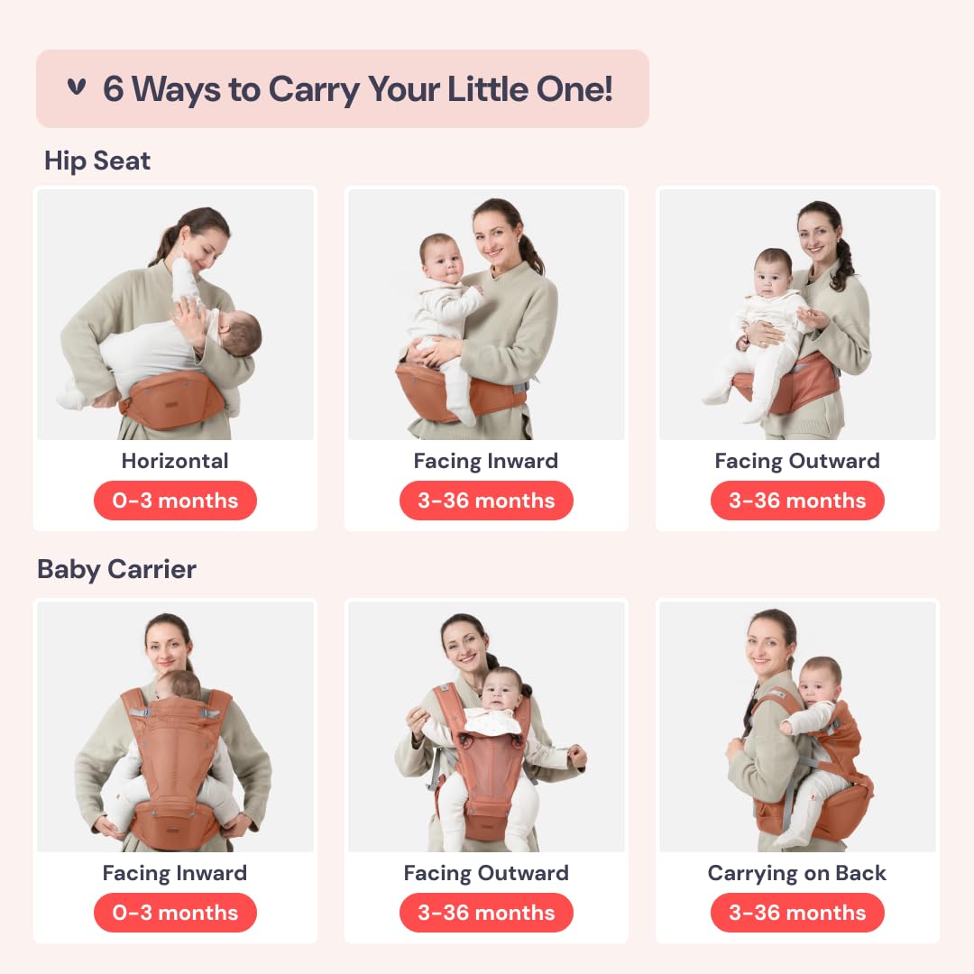 BabbleRoo Grow Carrier – 6-in-1 Baby Carrier with Hip Seat, Ergonomic, Cozy & Adjustable Toddler Carrier 7-50 lbs with Hip & Lumbar Support, Hood for Sun Protection, Newborn to Toddler, Kangaroo Rose