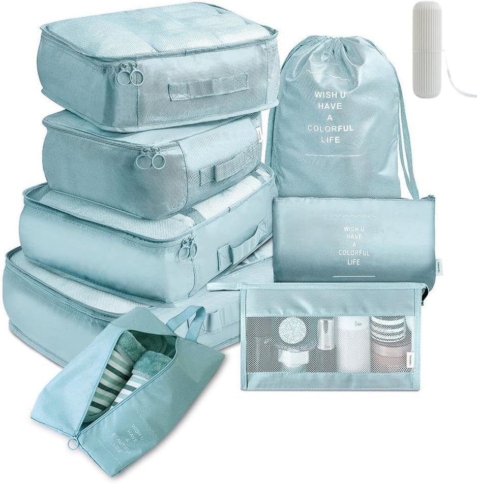 9 Set Packing Cubes for Suitcases, Aydicon Travel Luggage Packing Organizers with Laundry, Toiletry Bag, Compression Storage Shoe Bag, Toothbrush Case, Travel Essentials (Light Blue)