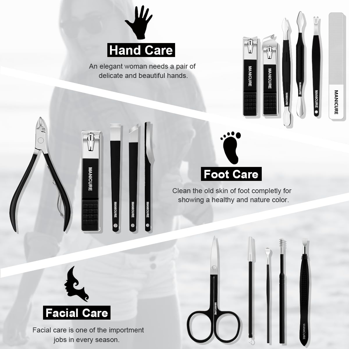 Manicure Set Professional Nail Clippers Pedicure Kit, 16 pcs Stainless Steel Nail Care Tools Grooming Kit with Luxurious Travel Leather Case for Thick Nails Men Women Gift (Black)
