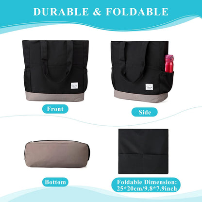 VASCHY Beach Bag for Women, Large Waterproof Sandproof Fold-able Packable Pool Tote Bag w Zipper/Pockets