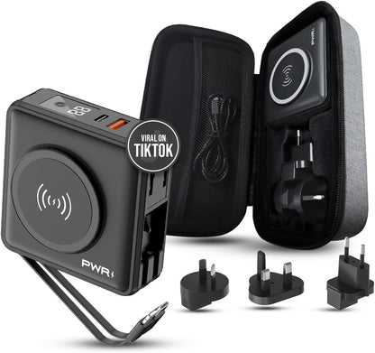 PWR Travel PRO 5-in-1 Power Bank with Case Included– 10,000mAh with Built-in Cables – 20W USB-C + 15W Wireless Charging – Compact Portable Charger for iPhone & Android- Black