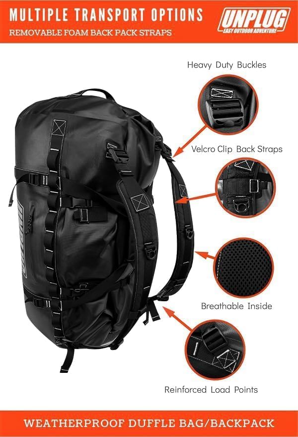 UNPLUG Ultimate Adventure Bag | 1680D Heavy Duty Waterproof Bag | Large Travel Duffle Bag which can be Used for Camping, Motorcycling, Boating, or Hunting (65L Blackops)