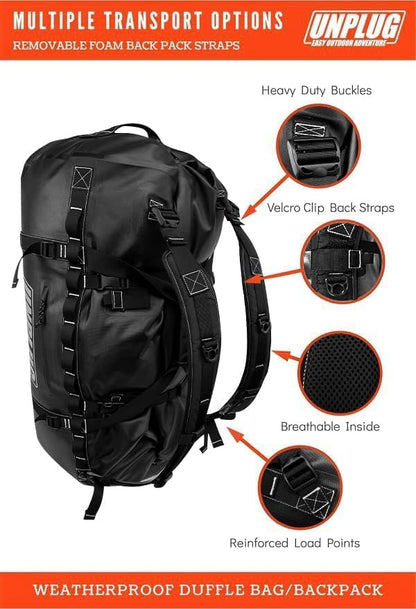 UNPLUG Ultimate Adventure Bag | 1680D Heavy Duty Waterproof Bag | Large Travel Duffle Bag which can be Used for Camping, Motorcycling, Boating, or Hunting (65L Blackops)